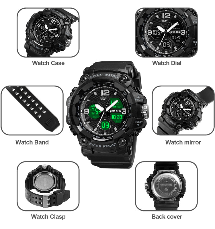Shockproof Digital Chrono — multi-angle detail: case, dial, band, clasp, back cover