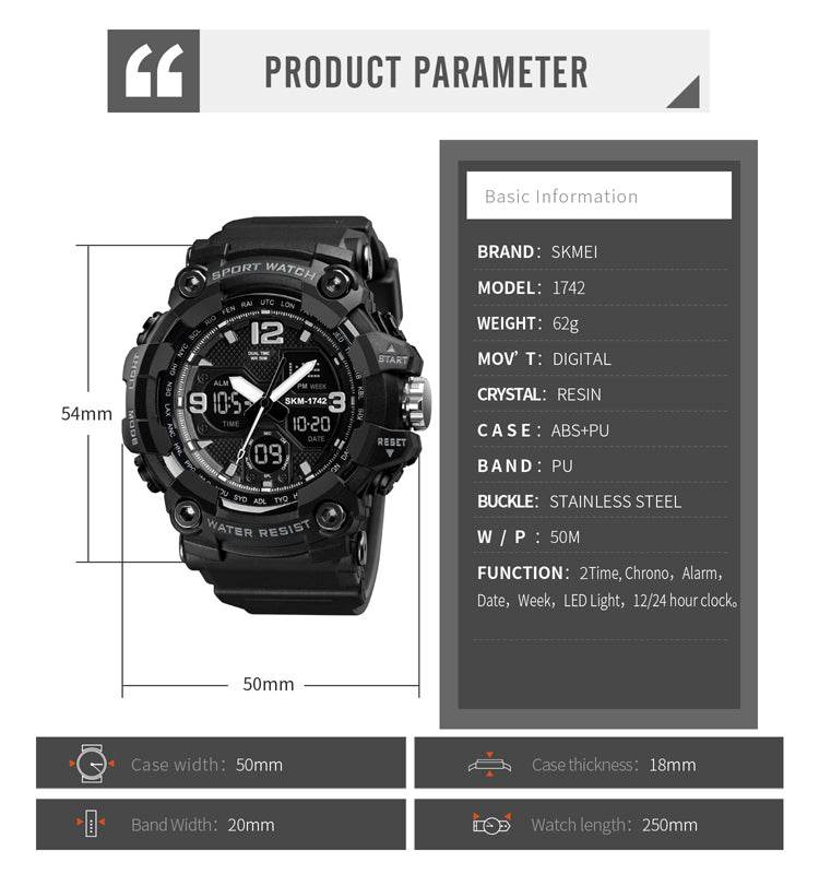 Shockproof Digital Chrono — specifications and dimensions diagram