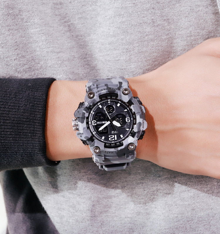 Shockproof Digital Chrono — on wrist, gray camo variant