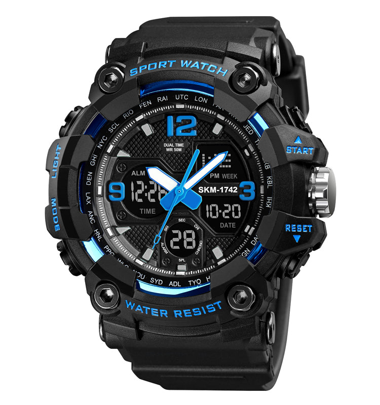 Shockproof Digital Chrono — blue accent variant, front view