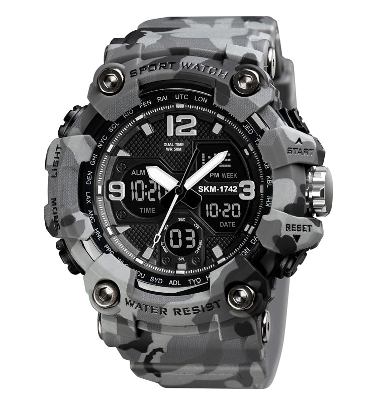 Shockproof Digital Chrono — gray camo variant, front view