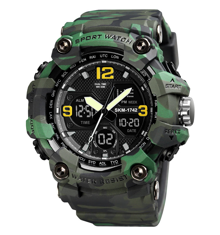 Shockproof Digital Chrono — green camo variant, front view