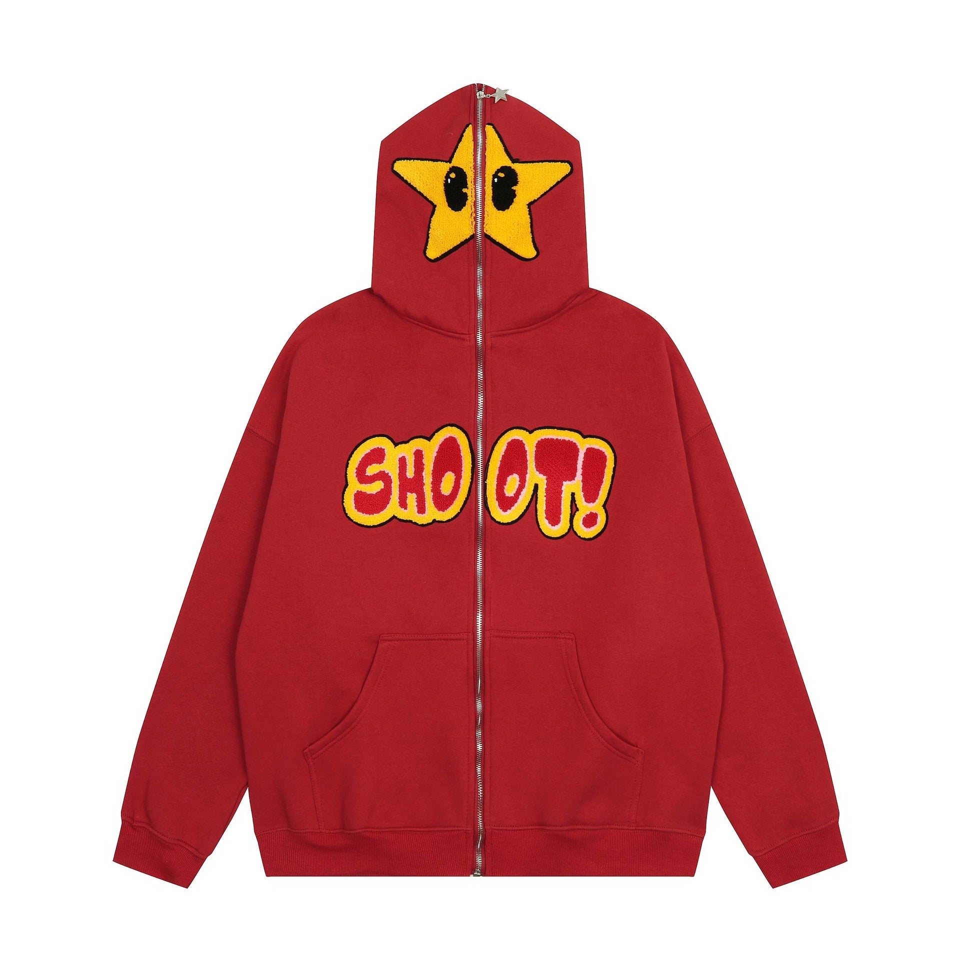 American High Street Cartoon Star Letter Embroidery Plush Cardigan Hoodie Mens and Womens Fashion Loose Hip Hop Hoodie